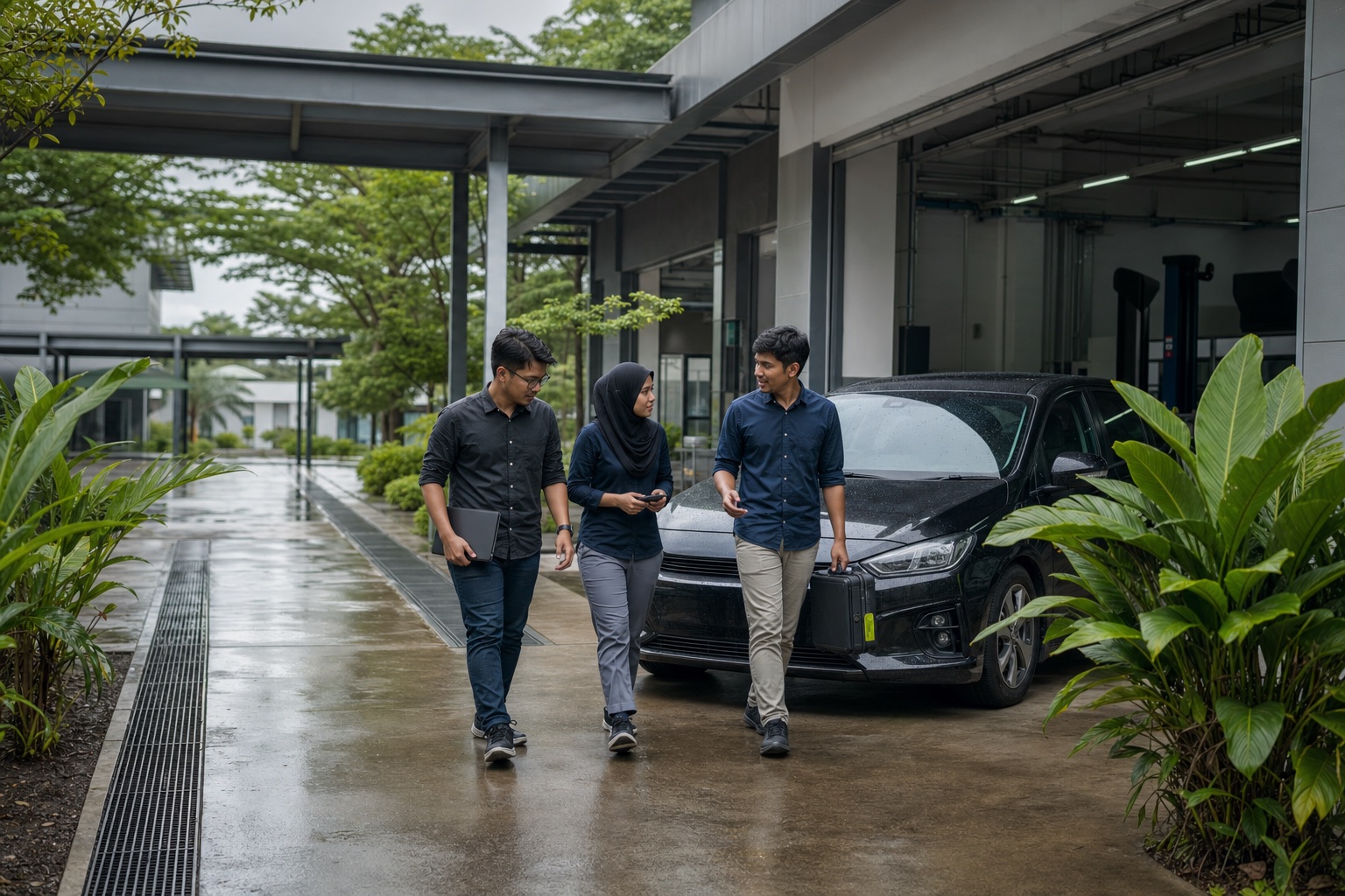 Automotive engineers walking beside a vehicle at a tropical technology campus in Malaysia.